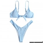 ZAFUL Women's Spaghetti Strap Ribbed Tie Knot Front High Cut Bikini Set Light Blue B07D4HT6XW